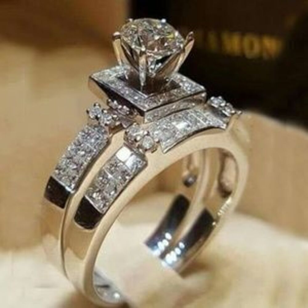 NEW 925 Sterling Silver Diamond Wedding Ring Set B